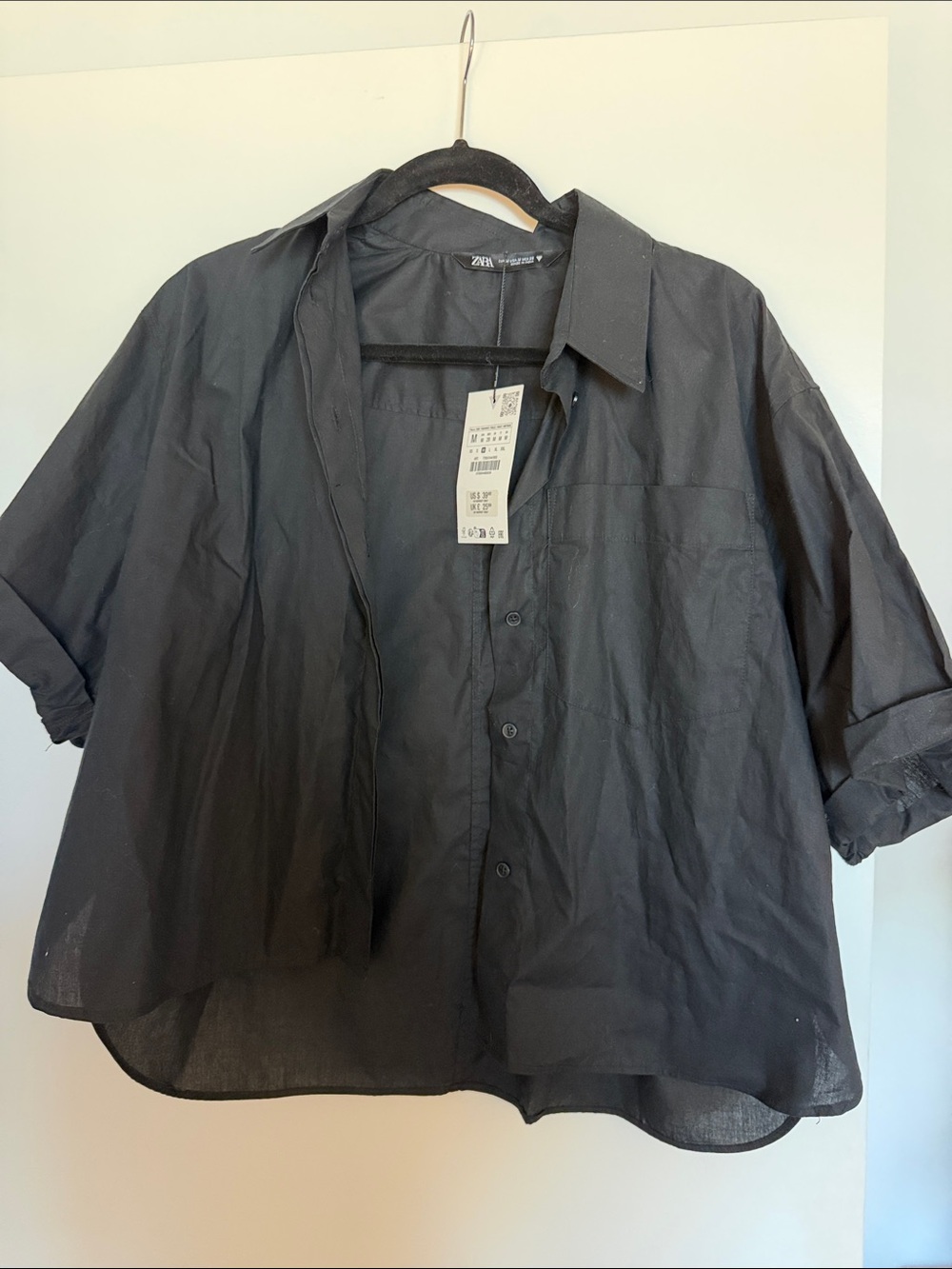 Zara Black Relaxed Short-Sleeve Button Shirt